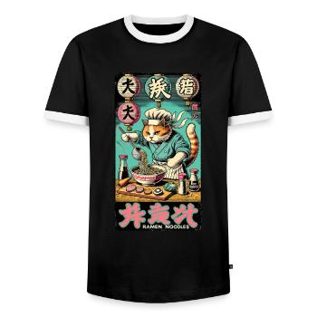 Ramen Chef Cat Kawaii Retro Japan Ukiyo-E - Men's Ringer Shirt - black/white - Front - AI Model Female 172 light (172cm) & AI Model Male 178 light (178cm)
