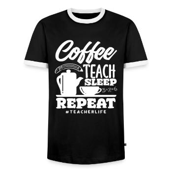 Primary School Teacher Coffee Teach Sleep Repeat - Men's Ringer Shirt - black/white - Front - AI Model Female 172 light (172cm) & AI Model Male 178 light (178cm)
