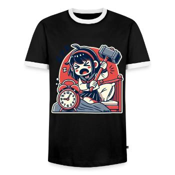 Müdes Mädchen mit Hammer und ein Wecker - Männer Kontrast-T-Shirt - Schwarz/Weiß - Vorne - AI Model Female 172 light (172cm) & AI Model Male 178 light (178cm)