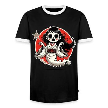 Funny Japanese Cartoon Ghost Geisha - Men's Ringer Shirt - black/white - Front - AI Model Female 172 light (172cm) & AI Model Male 178 light (178cm)