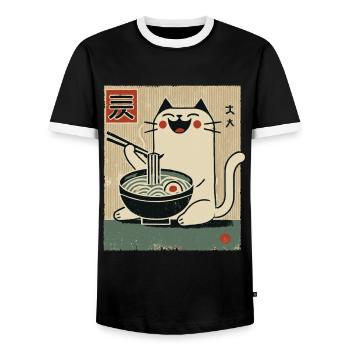 Kawaii Cat Ramen Nouilles Streetwear Ukiyo-E - T-shirt contrasté Homme - noir/blanc - Devant - AI Model Female 172 light (172cm) & AI Model Male 178 light (178cm)