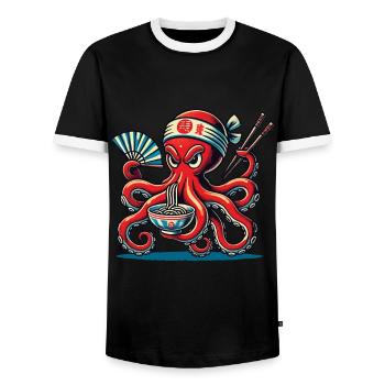 Octopus Loves Japan Ramen - Men's Ringer Shirt - black/white - Front - AI Model Female 172 light (172cm) & AI Model Male 178 light (178cm)