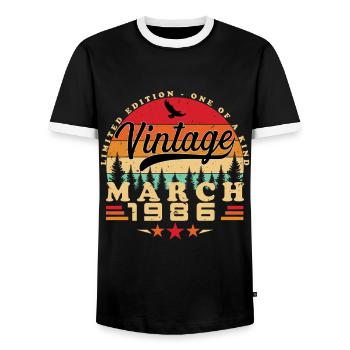 March 1986 Birthday March 1986 March - Men's Ringer Shirt - black/white - Front - AI Model Female 172 light (172cm) & AI Model Male 178 light (178cm)