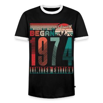 Birthday 1974 Vintage February Retro Gift - Men's Ringer Shirt - black/white - Front - AI Model Female 172 light (172cm) & AI Model Male 178 light (178cm)