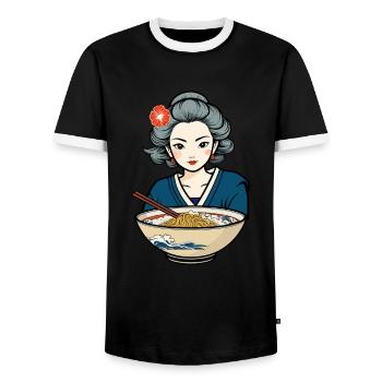 Japanese Ukiyo-E Retro Ramen Aesthetic Noodles - Men's Ringer Shirt - black/white - Front - AI Model Female 172 light (172cm) & AI Model Male 178 light (178cm)