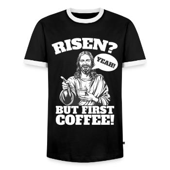 Risen Yeah But First Coffee Jesus Ostern - Männer Kontrast-T-Shirt - Schwarz/Weiß - Vorne - AI Model Female 172 light (172cm) & AI Model Male 178 light (178cm)