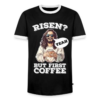 Risen Yeah But First Coffee Jesus Ostern - Männer Kontrast-T-Shirt - Schwarz/Weiß - Vorne - AI Model Female 172 light (172cm) & AI Model Male 178 light (178cm)
