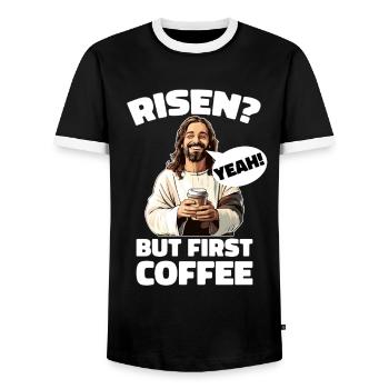 Risen Yeah But First Coffee Jesus Ostern - Männer Kontrast-T-Shirt - Schwarz/Weiß - Vorne - AI Model Female 172 light (172cm) & AI Model Male 178 light (178cm)