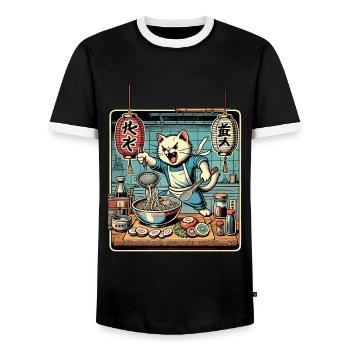 Ramen Noodles Cat Kawaii Retro Ukiyo-E - Men's Ringer Shirt - black/white - Front - AI Model Female 172 light (172cm) & AI Model Male 178 light (178cm)