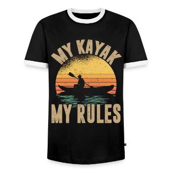 Kayak -Kayak -Paddle Lovers Kayak Adventure - Men's Ringer Shirt - black/white - Front - AI Model Female 172 light (172cm) & AI Model Male 178 light (178cm)