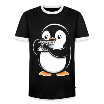 Penguin With Camera Photographer Hobby Photography - Men's Ringer Shirt - black/white - Front - AI Model Female 172 light (172cm) & AI Model Male 178 light (178cm)