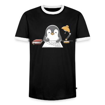 Schreibender Pinguin Writer Author Motiv - Männer Kontrast-T-Shirt - Schwarz/Weiß - Vorne - AI Model Female 172 light (172cm) & AI Model Male 178 light (178cm)