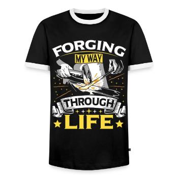Power Blacksmith Metalforge Merch - Men's Ringer Shirt - black/white - Front - AI Model Female 172 light (172cm) & AI Model Male 178 light (178cm)