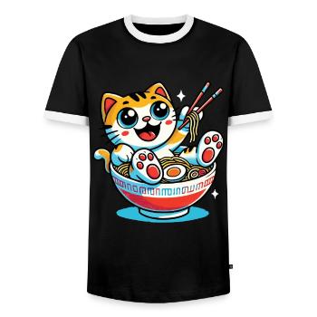 Kawaii Cat With Ramen Noodles Bowl Anime Style - Men's Ringer Shirt - black/white - Front - AI Model Female 172 light (172cm) & AI Model Male 178 light (178cm)