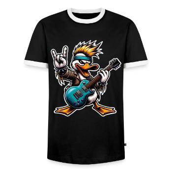Duck Rock and Roll Guitarist - Men's Ringer Shirt - black/white - Front - AI Model Female 172 light (172cm) & AI Model Male 178 light (178cm)