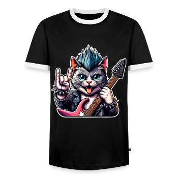 Cat Guitariste de Rock and Roll - T-shirt contrasté Homme - noir/blanc - Devant - AI Model Female 172 light (172cm) & AI Model Male 178 light (178cm)