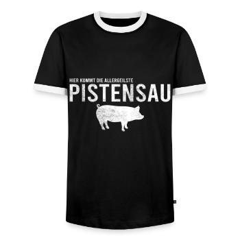 Pistensau Skier Fun - Men's Ringer Shirt - black/white - Front - AI Model Female 172 light (172cm) & AI Model Male 178 light (178cm)