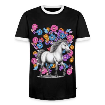 Unicorn Horse Flowers Spring Flower - Men's Ringer Shirt - black/white - Front - AI Model Female 172 light (172cm) & AI Model Male 178 light (178cm)