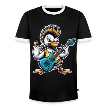 Duck Rock and Roll Guitarist - Men's Ringer Shirt - black/white - Front - AI Model Female 172 light (172cm) & AI Model Male 178 light (178cm)