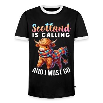 Scottish Highland Cow Scotland Farm - Men's Ringer Shirt - black/white - Front - AI Model Female 172 light (172cm) & AI Model Male 178 light (178cm)