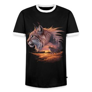 Lynx in the sunset – Fascinating wildlife art - Men's Ringer Shirt - black/white - Front - AI Model Female 172 light (172cm) & AI Model Male 178 light (178cm)