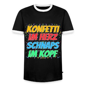 Des confettis dans le cœur, du schnaps dans la tête – le dicton de la fête - T-shirt contrasté Homme - noir/blanc - Devant - AI Model Female 172 light (172cm) & AI Model Male 178 light (178cm)