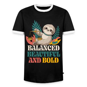 Libra Zodiac Sign Sloth: Balanced, Beautiful - Men's Ringer Shirt - black/white - Front - AI Model Female 172 light (172cm) & AI Model Male 178 light (178cm)