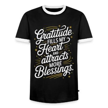 Gratitude fills my heart and draws more blessings - Men's Ringer Shirt - black/white - Front - AI Model Female 172 light (172cm) & AI Model Male 178 light (178cm)