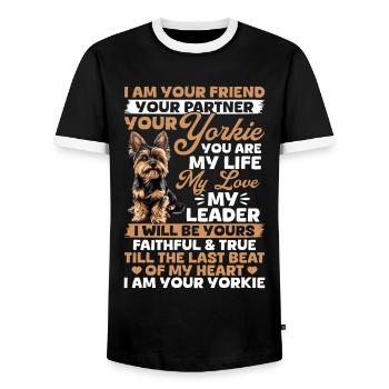 Yorkshire Terrier Propriétaire d’un chien Yorkie - T-shirt contrasté Homme - noir/blanc - Devant - AI Model Female 172 light (172cm) & AI Model Male 178 light (178cm)