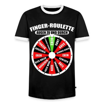 Finger roulette Eyes closed and through Mallorca Bachelor Party - Men's Ringer Shirt - black/white - Front - AI Model Female 172 light (172cm) & AI Model Male 178 light (178cm)