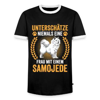 Samojede Samojedenspitz Frau mit Samojede - Männer Kontrast-T-Shirt - Schwarz/Weiß - Vorne - AI Model Female 172 light (172cm) & AI Model Male 178 light (178cm)