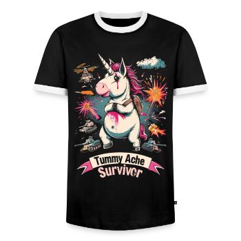 Funny Unicorn Meme Stomach Ache - Men's Ringer Shirt - black/white - Front - AI Model Female 172 light (172cm) & AI Model Male 178 light (178cm)
