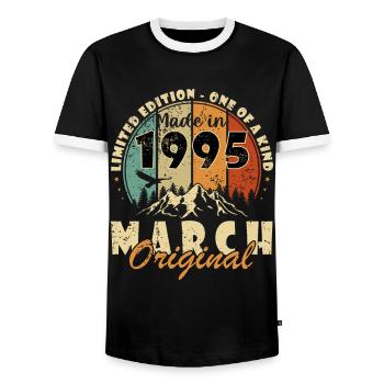 March 1995 birthday present. March 1995. - Men's Ringer Shirt - black/white - Front - AI Model Female 172 light (172cm) & AI Model Male 178 light (178cm)