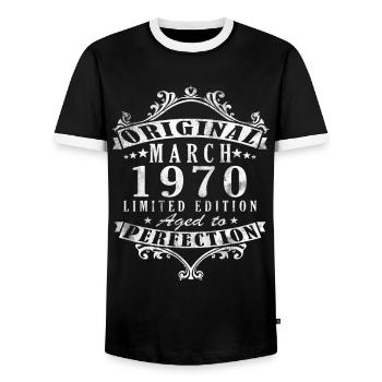 Anniversaire de Mars 1970 - Millésime Mars 1970 - T-shirt contrasté Homme - noir/blanc - Devant - AI Model Female 172 light (172cm) & AI Model Male 178 light (178cm)