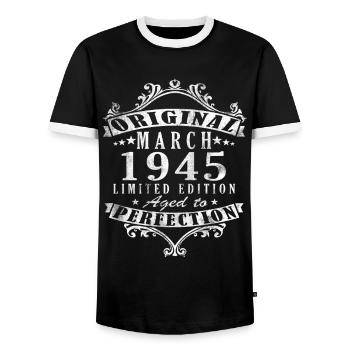 Awesome Since March 1945 Birthday 1945 Gift - Men's Ringer Shirt - black/white - Front - AI Model Female 172 light (172cm) & AI Model Male 178 light (178cm)