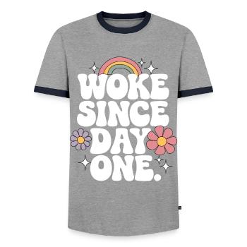 Woke - Men's Ringer Shirt - grey/navy  - Front - AI Model Female 172 light (172cm) & AI Model Male 178 light (178cm)