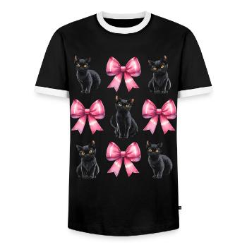 Coquette Bow Black Cat Mom Pink Bow - Men's Ringer Shirt - black/white - Front - AI Model Female 172 light (172cm) & AI Model Male 178 light (178cm)