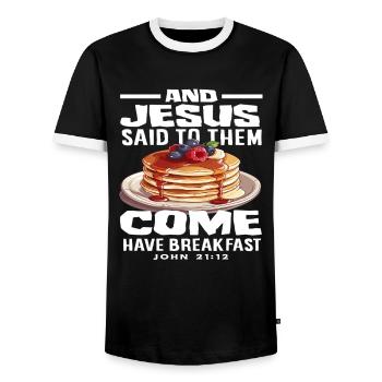 Des crêpes et Jésus a dit de venir pour le petit-déjeuner - T-shirt contrasté Homme - noir/blanc - Devant - AI Model Female 172 light (172cm) & AI Model Male 178 light (178cm)