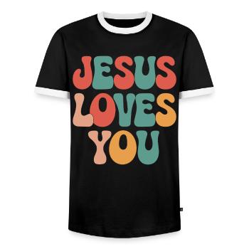 Jésus t’aime en disant chrétien - T-shirt contrasté Homme - noir/blanc - Devant - AI Model Female 172 light (172cm) & AI Model Male 178 light (178cm)