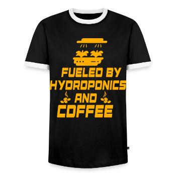 Fueled by Hydroponics and Coffee - Men's Ringer Shirt - black/white - Front - AI Model Female 172 light (172cm) & AI Model Male 178 light (178cm)