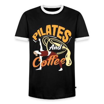 Pilates et café pour la routine matinale - T-shirt contrasté Homme - noir/blanc - Devant - AI Model Female 172 light (172cm) & AI Model Male 178 light (178cm)