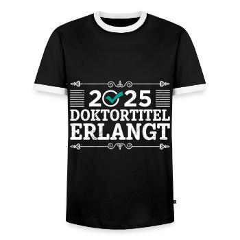Doktortitel DOCTORATE COMPLETE 2025 Doktor Lustig - Männer Kontrast-T-Shirt - Schwarz/Weiß - Vorne - AI Model Female 172 light (172cm) & AI Model Male 178 light (178cm)