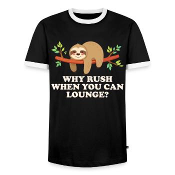 Why rush when you can relax - Men's Ringer Shirt - black/white - Front - AI Model Female 172 light (172cm) & AI Model Male 178 light (178cm)