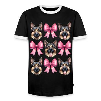 Coquette Bow German Shepherd Mom Pink Ribbon - Men's Ringer Shirt - black/white - Front - AI Model Female 172 light (172cm) & AI Model Male 178 light (178cm)
