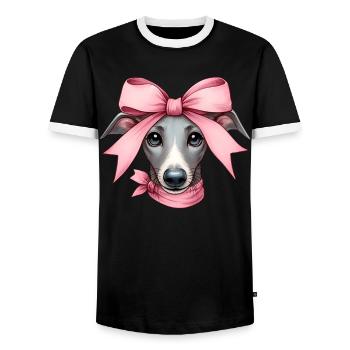Coquette Bow Greyhound Dog Mom Pink Ribbon - Men's Ringer Shirt - black/white - Front - AI Model Female 172 light (172cm) & AI Model Male 178 light (178cm)
