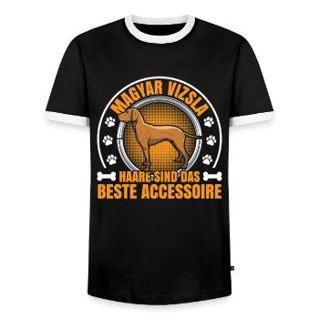 I wear Magyar Vizsla hair pointing dog - Men's Ringer Shirt - black/white - Front - AI Model Female 172 light (172cm) & AI Model Male 178 light (178cm)
