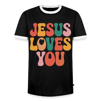 Jesus loves you Christian saying - Men's Ringer Shirt - black/white - Front - AI Model Female 172 light (172cm) & AI Model Male 178 light (178cm)