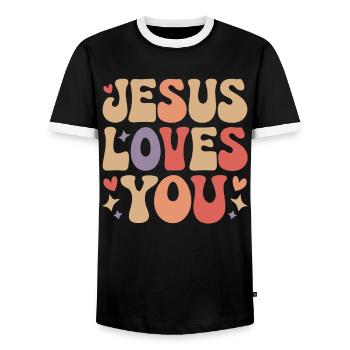 Jesus loves you Christian saying - Men's Ringer Shirt - black/white - Front - AI Model Female 172 light (172cm) & AI Model Male 178 light (178cm)