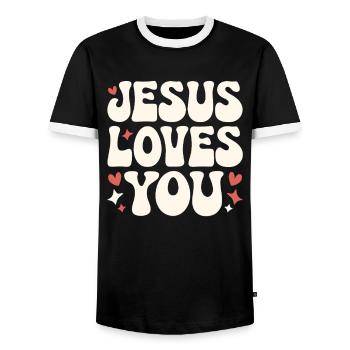 Jésus t’aime en disant chrétien - T-shirt contrasté Homme - noir/blanc - Devant - AI Model Female 172 light (172cm) & AI Model Male 178 light (178cm)