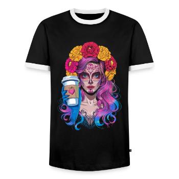 Dia de los Muertos Coffee with Beautiful Woman from - Men's Ringer Shirt - black/white - Front - AI Model Female 172 light (172cm) & AI Model Male 178 light (178cm)